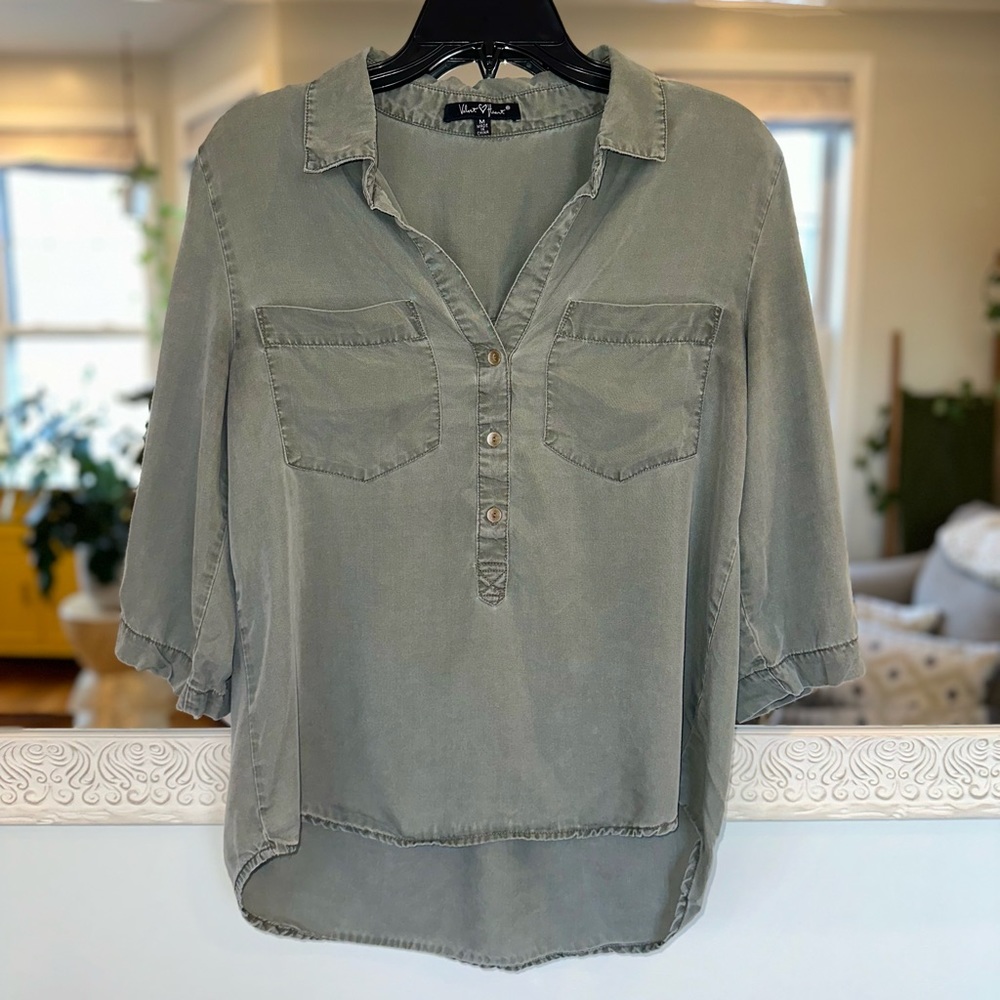Velvet Heart Green Collared Top Three Quarter Length Sleeves - M - Picture 6 of 8